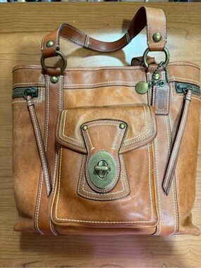 Coach Tan Leather Turnlock Shoulder Tote
